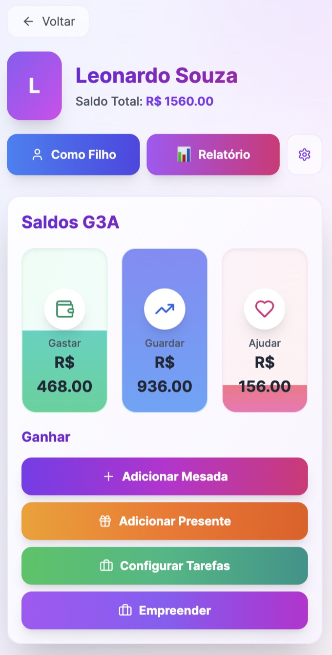 Tela do aplicativo Minha Mesada mostrando objetivos, saldo e desafios