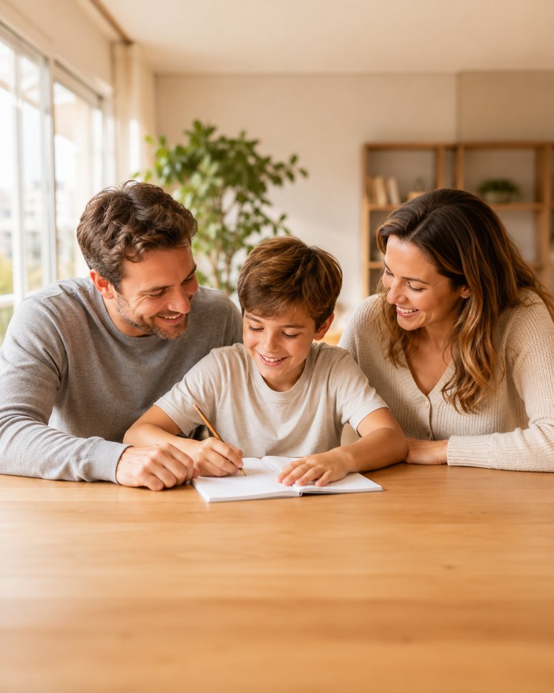 Pai, mãe e filho sentados à mesa de casa; o menino escreve em um caderno enquanto os pais acompanham.