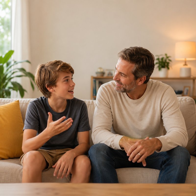 Pai e filho conversando no sofá da sala; o filho fala e gesticula enquanto o pai escuta.