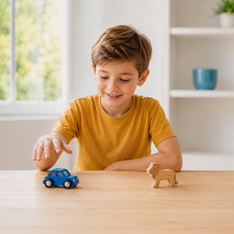 Menino com a mão suspensa sobre um carrinho de brinquedo, decidindo entre ele e um bichinho de madeira.