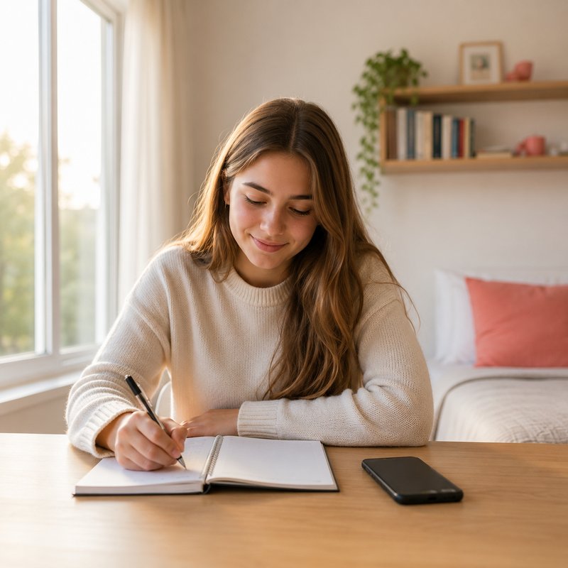 Adolescente escrevendo em um caderno sobre a escrivaninha, com o celular virado para baixo ao lado.